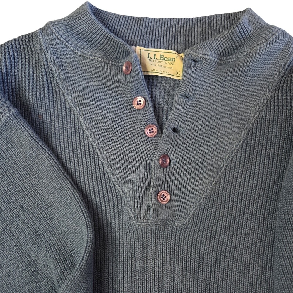 Vintage L.L. Bean Mens Knit Henley Sweater Made USA 100% Cotton Size L Preppy - Picture 4 of 6